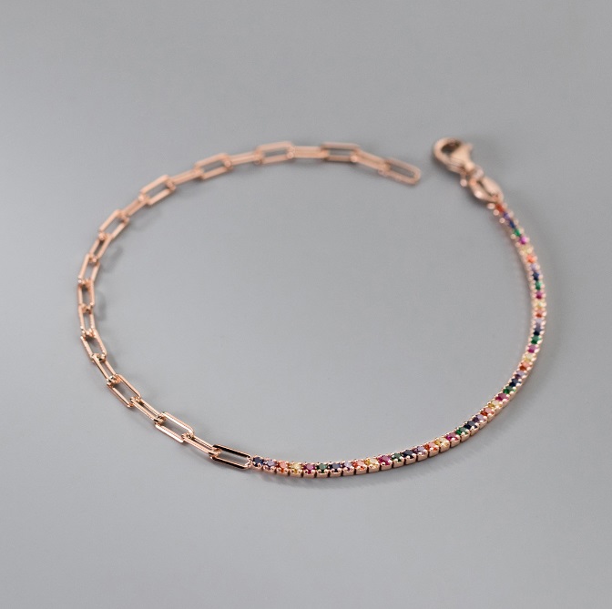 925 Sterling Silver Multi CZ Paper Clip Chain Bracelet 